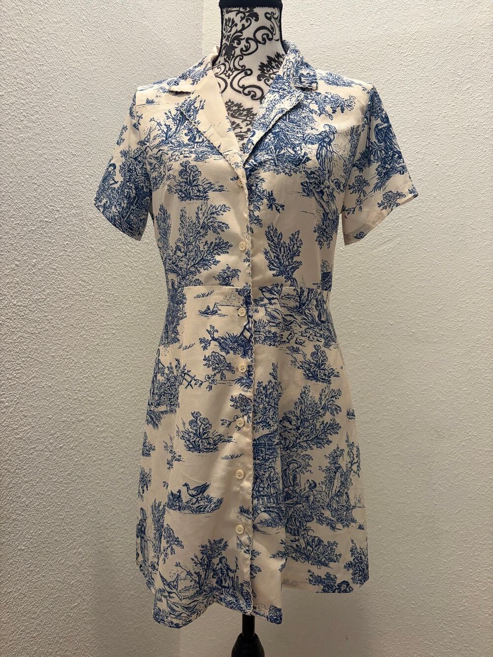 CIDER Blue White Toile de Jouy Button Front Mini Shirt Dress Size L